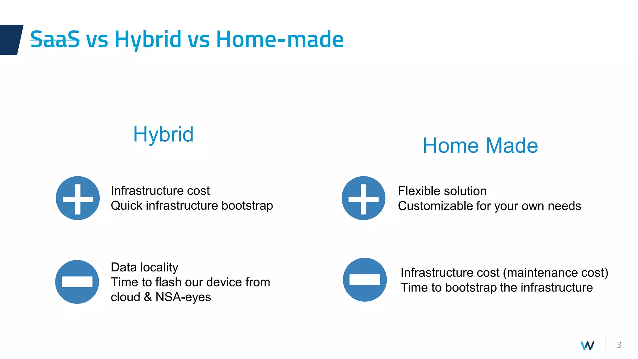 3
Hybrid
SaaS vs Hybrid vs Home-made
+ Infrastructure cost
Quick infrastructure bootstrap
Data locality
Time to flash our device from
cloud & NSA-eyes
Home Made
Flexible solution
Customizable for your own needs
Infrastructure cost (maintenance cost)
Time to bootstrap the infrastructure
+
 