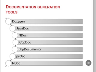 DOCUMENTATION GENERATION
TOOLS
Doxygen
JavaDoc
NDoc
CppDoc
phpDocumentor

pyDoc
RDoc

22

 