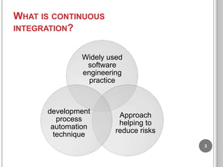 WHAT IS CONTINUOUS
INTEGRATION?
Widely used
software
engineering
practice

development
process
automation
technique

Approach
helping to
reduce risks
3

 