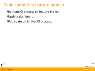 10
Code commit in feature branch

Inititiate CI process on feature branch.

Update dashboard.

Put a gate on further CI process.
 
