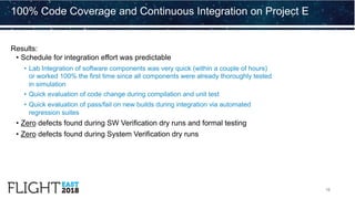 Results:
• Schedule for integration effort was predictable
• Lab Integration of software components was very quick (within a couple of hours)
or worked 100% the first time since all components were already thoroughly tested
in simulation
• Quick evaluation of code change during compilation and unit test
• Quick evaluation of pass/fail on new builds during integration via automated
regression suites
• Zero defects found during SW Verification dry runs and formal testing
• Zero defects found during System Verification dry runs
100% Code Coverage and Continuous Integration on Project E
16
 