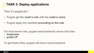 @d2si
Then it’s puppet job !
• Puppet get the node’s role with the node’s name
• Puppet apply the manifest according to the role
For front-server role, puppet need backends server infos like:
• hostname
• public IP
To get these infos, puppet call hiera consul backend.
TASK 3: Deploy applications
 