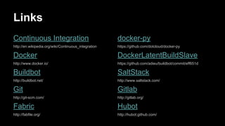 Links
Continuous Integration

docker-py

http://en.wikipedia.org/wiki/Continuous_integration

https://github.com/dotcloud/docker-py

Docker

DockerLatentBuildSlave

http://www.docker.io/

https://github.com/adieu/buildbot/commit/eff651d

Buildbot

SaltStack

http://buildbot.net/

http://www.saltstack.com/

Git

Gitlab

http://git-scm.com/

http://gitlab.org/

Fabric

Hubot

http://fabfile.org/

http://hubot.github.com/

 