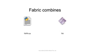 Fabric combines

fabfile.py

fab

Varun Batra @ Deft Infotech Pvt. Ltd.

 