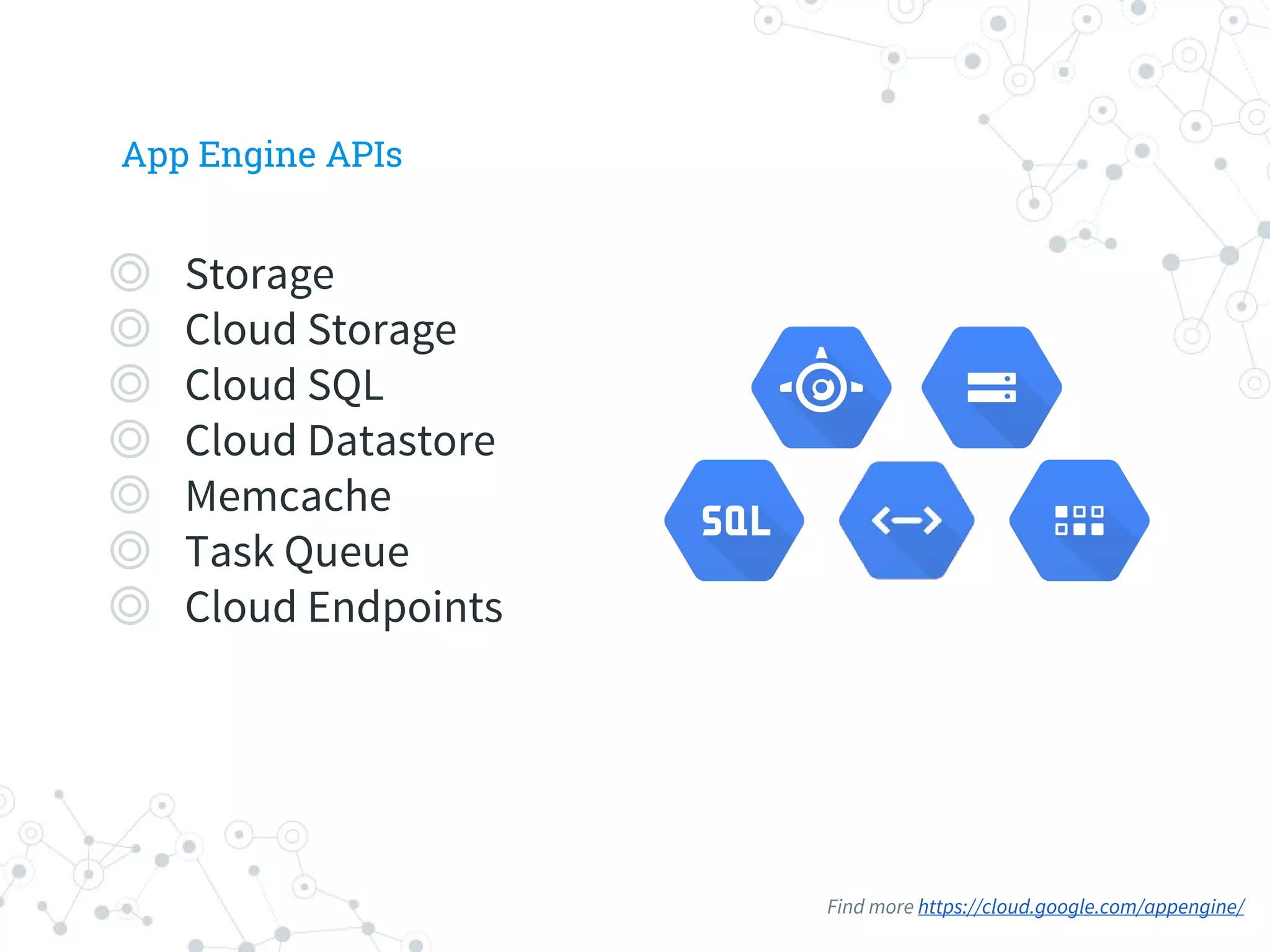 App Engine APIs
◎ Storage
◎ Cloud Storage
◎ Cloud SQL
◎ Cloud Datastore
◎ Memcache
◎ Task Queue
◎ Cloud Endpoints
Find more https://cloud.google.com/appengine/
 