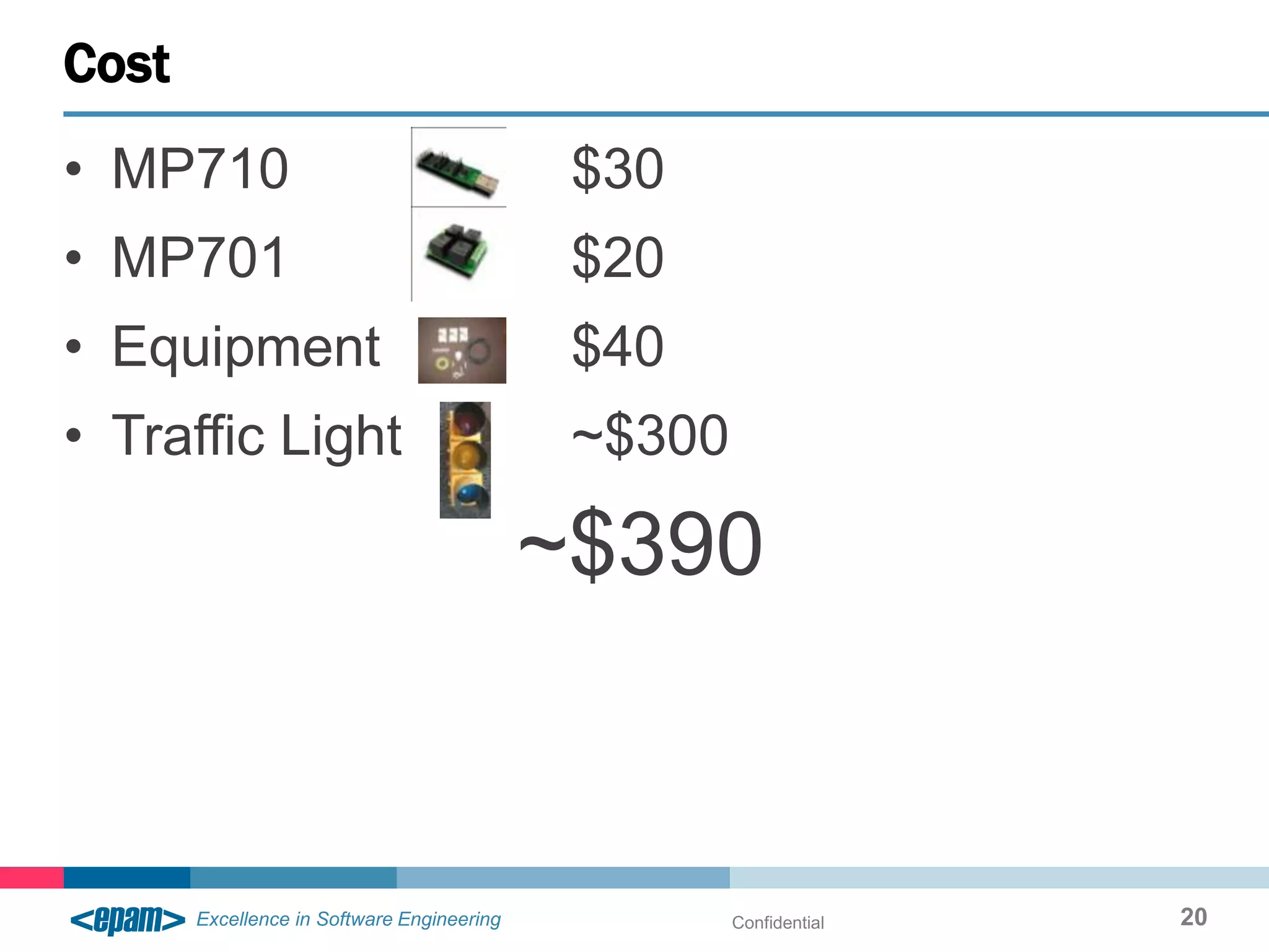Cost
• MP710            $30
• MP701            $20
• Equipment        $40
• Traffic Light    ~$300

                  ~$390



                           Confidential   20
 