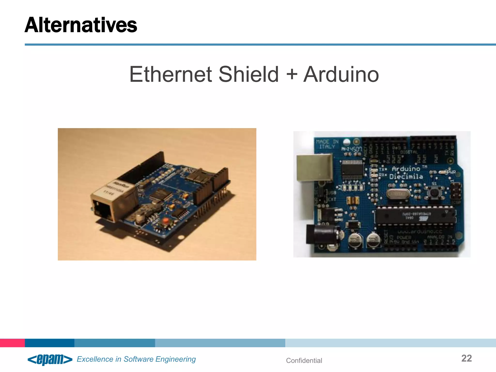 Alternatives

           Ethernet Shield + Arduino




                          Confidential   22
 