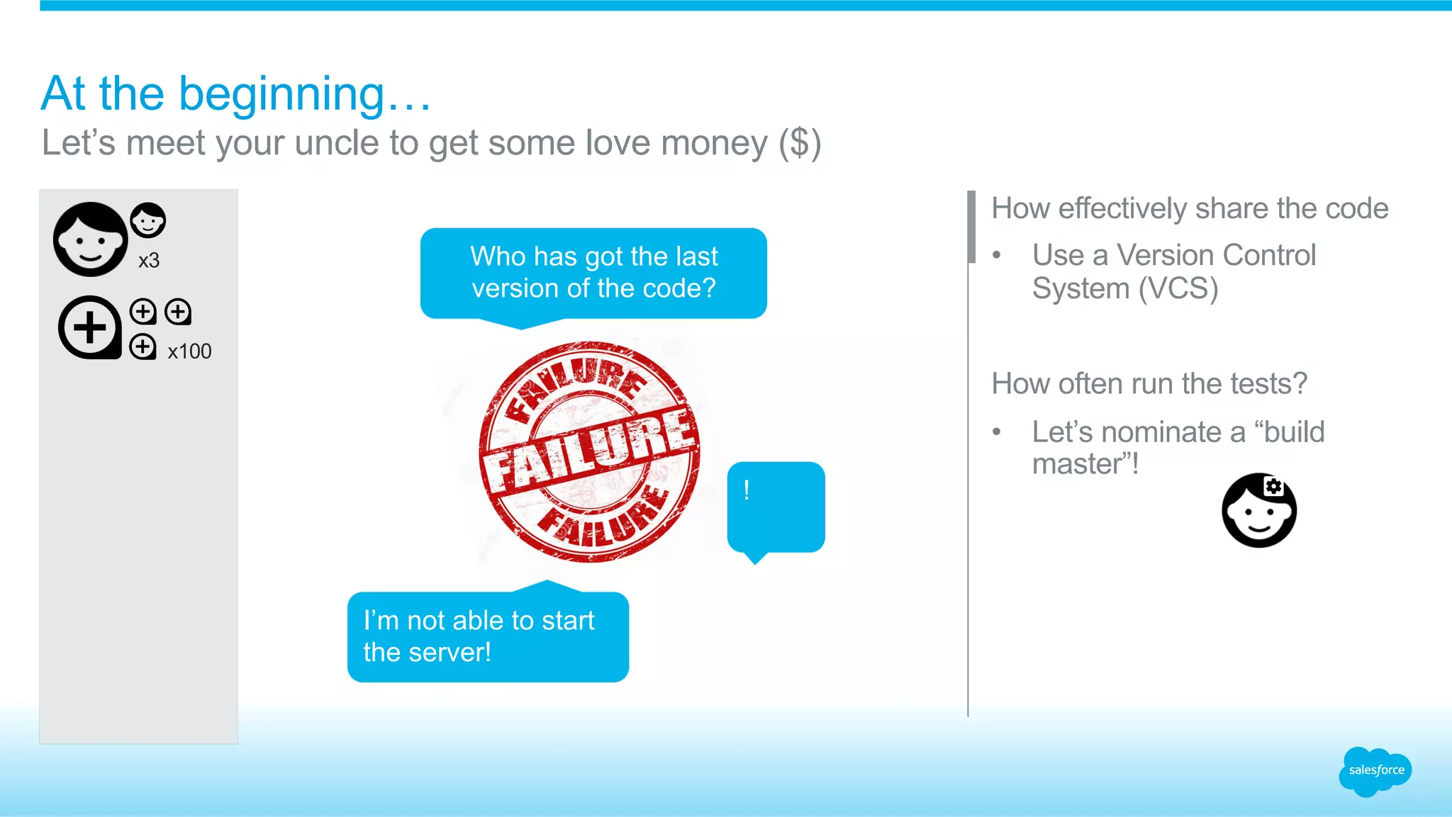 At the beginning…
​ How effectively share the code
•  Use a Version Control
System (VCS)
​ How often run the tests?
•  Let’s nominate a “build
master”!
​ Let’s meet your uncle to get some love money ($)
​ x100
​ x3
I’m not able to start
the server!
Who has got the last
version of the code?
!
 
