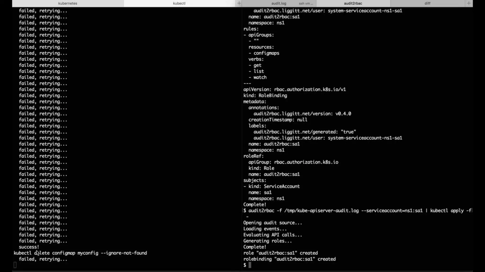 audit2rbac
https://github.com/liggitt/audit2rbac
 