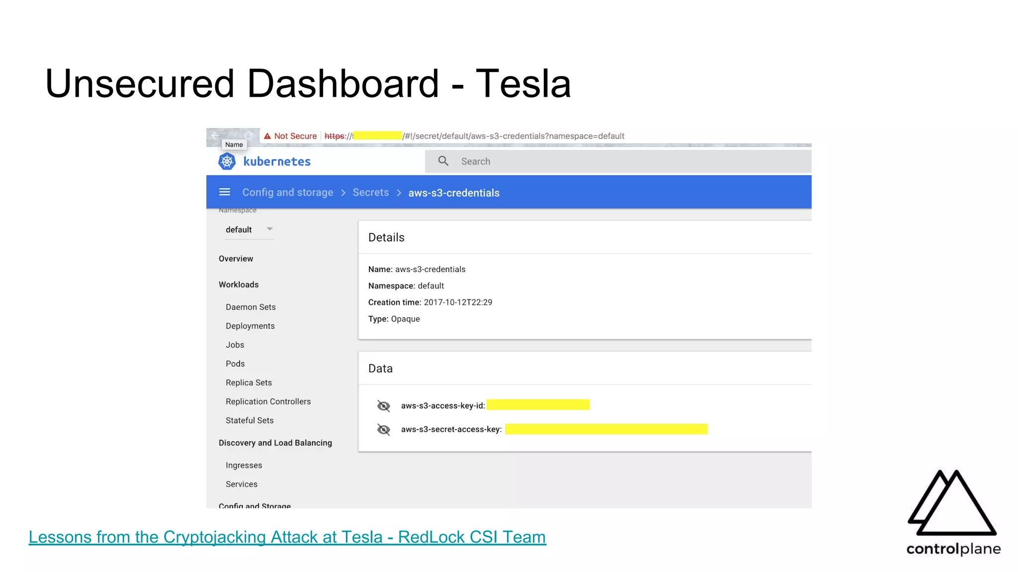 Unsecured Dashboard - Tesla
Lessons from the Cryptojacking Attack at Tesla - RedLock CSI Team
 