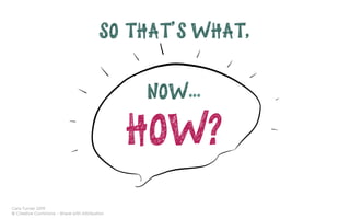 Cara Turner 2019
© Creative Commons – Share with Attribution
SO THAT’S WHAT, 
NOW…
HOW?
 