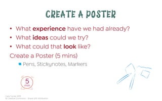 Cara Turner 2019
© Creative Commons – Share with Attribution
CREATE A POSTER
•  What experience have we had already?
•  What ideas could we try?
•  What could that look like?
Create a Poster (5 mins)
 Pens, Stickynotes, Markers
5min
 