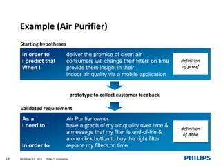 Example (Air Purifier)
Starting hypotheses

In order to
I predict that
When I

deliver the promise of clean air
consumers will change their filters on time
provide them insight in their
indoor air quality via a mobile application

definition
of proof

prototype to collect customer feedback
Validated requirement
As a
I need to

In order to
23

December 13, 2013

Air Purifier owner
have a graph of my air quality over time &
a message that my filter is end-of-life &
a one click button to buy the right filter
replace my filters on time

Philips IT Innovation

definition
of done

 