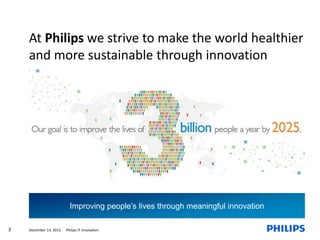 At Philips we strive to make the world healthier
and more sustainable through innovation

Improving people’s lives through meaningful innovation
3

December 13, 2013

Philips IT Innovation

 