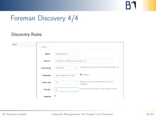 Foreman Discovery 4/4
B1 Systems GmbH Lifecycle Management mit Puppet und Foreman 26/43
 