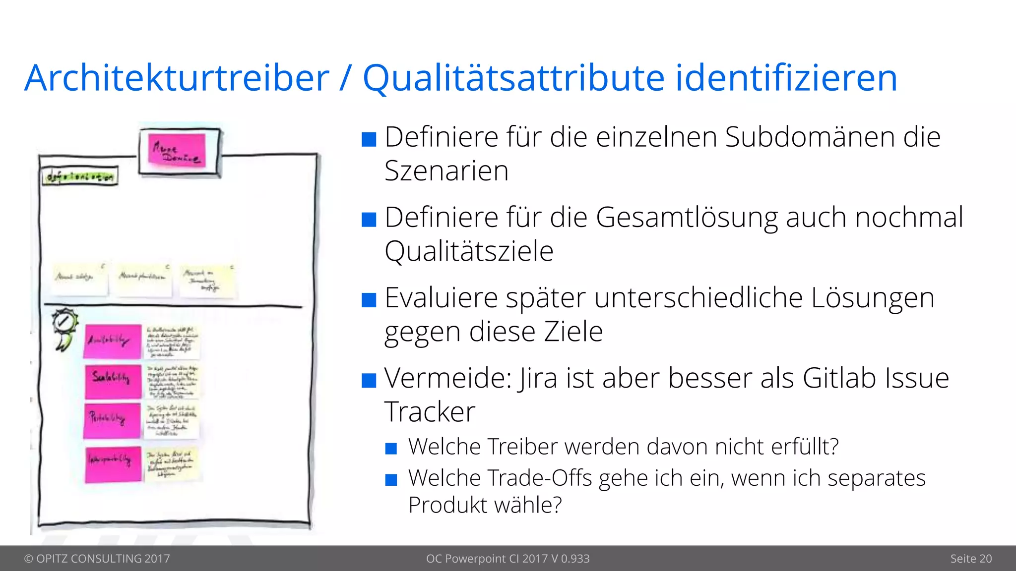 © OPITZ CONSULTING 2017 OC Powerpoint CI 2017 V 0.933 Seite 20
Architekturtreiber / Qualitätsattribute identifizieren
 Definiere für die einzelnen Subdomänen die
Szenarien
 Definiere für die Gesamtlösung auch nochmal
Qualitätsziele
 Evaluiere später unterschiedliche Lösungen
gegen diese Ziele
 Vermeide: Jira ist aber besser als Gitlab Issue
Tracker
 Welche Treiber werden davon nicht erfüllt?
 Welche Trade-Offs gehe ich ein, wenn ich separates
Produkt wähle?
 