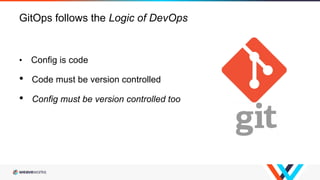 GitOps follows the Logic of DevOps
• Config is code
• Code must be version controlled
• Config must be version controlled ...