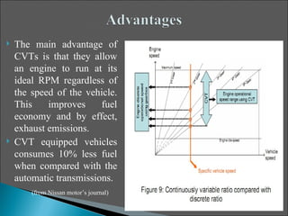    The main advantage of
    CVTs is that they allow
    an engine to run at its
    ideal RPM regardless of
    the speed of the vehicle.
    This    improves     fuel
    economy and by effect,
    exhaust emissions.
   CVT equipped vehicles
    consumes 10% less fuel
    when compared with the
    automatic transmissions.
        (from Nissan motor’s journal)
 