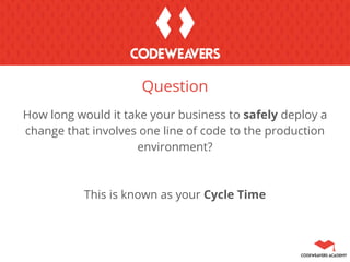 How long would it take your business to safely deploy a
change that involves one line of code to the production
environment?
This is known as your Cycle Time
Question
 