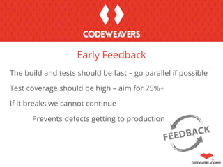 The build and tests should be fast – go parallel if possible
Test coverage should be high – aim for 75%+
If it breaks we cannot continue
Prevents defects getting to production
Early Feedback
 