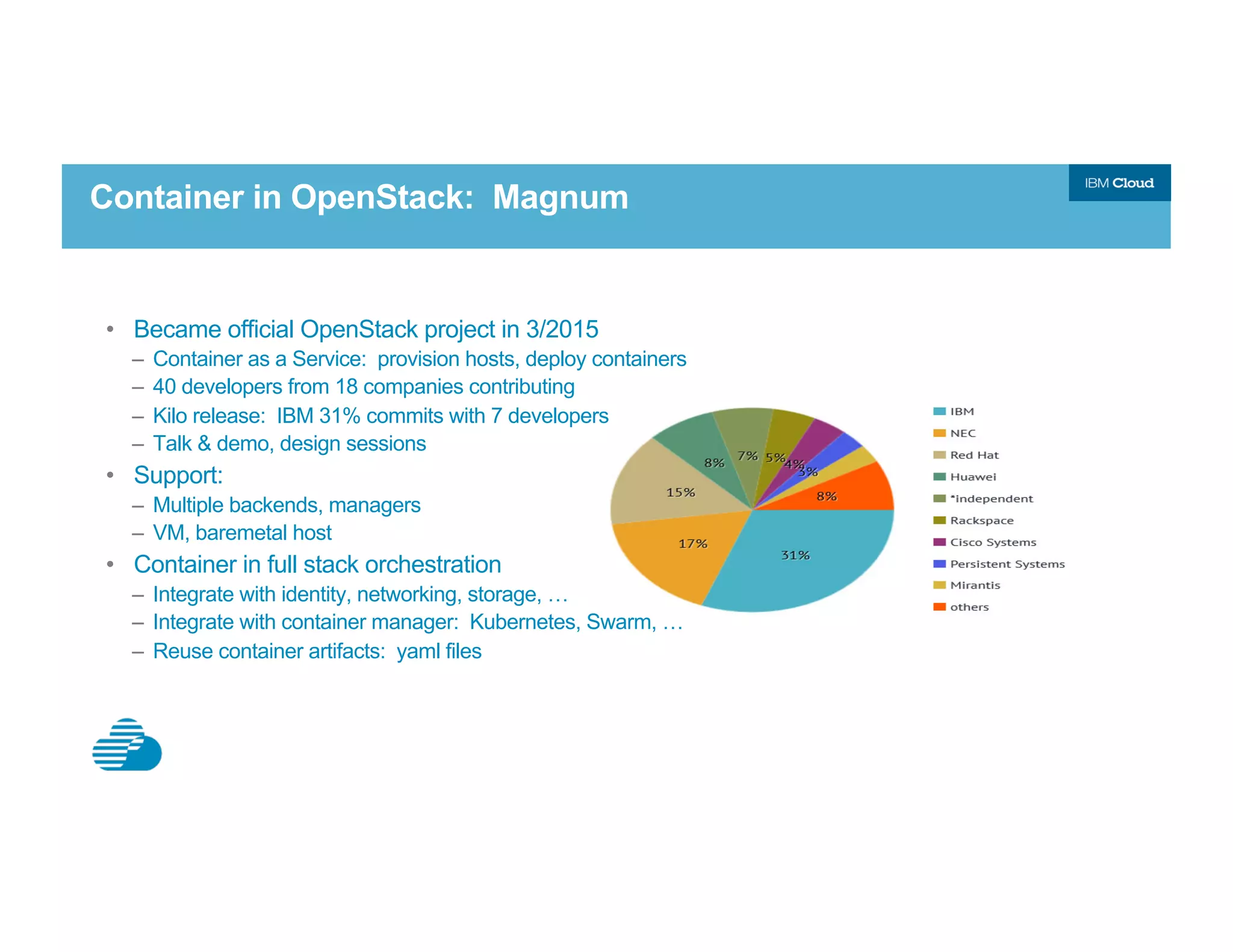 Container in OpenStack: Magnum
•  Became official OpenStack project in 3/2015
–  Container as a Service: provision hosts, deploy containers
–  40 developers from 18 companies contributing
–  Kilo release: IBM 31% commits with 7 developers
–  Talk & demo, design sessions
•  Support:
–  Multiple backends, managers
–  VM, baremetal host
•  Container in full stack orchestration
–  Integrate with identity, networking, storage, …
–  Integrate with container manager: Kubernetes, Swarm, …
–  Reuse container artifacts: yaml files
 