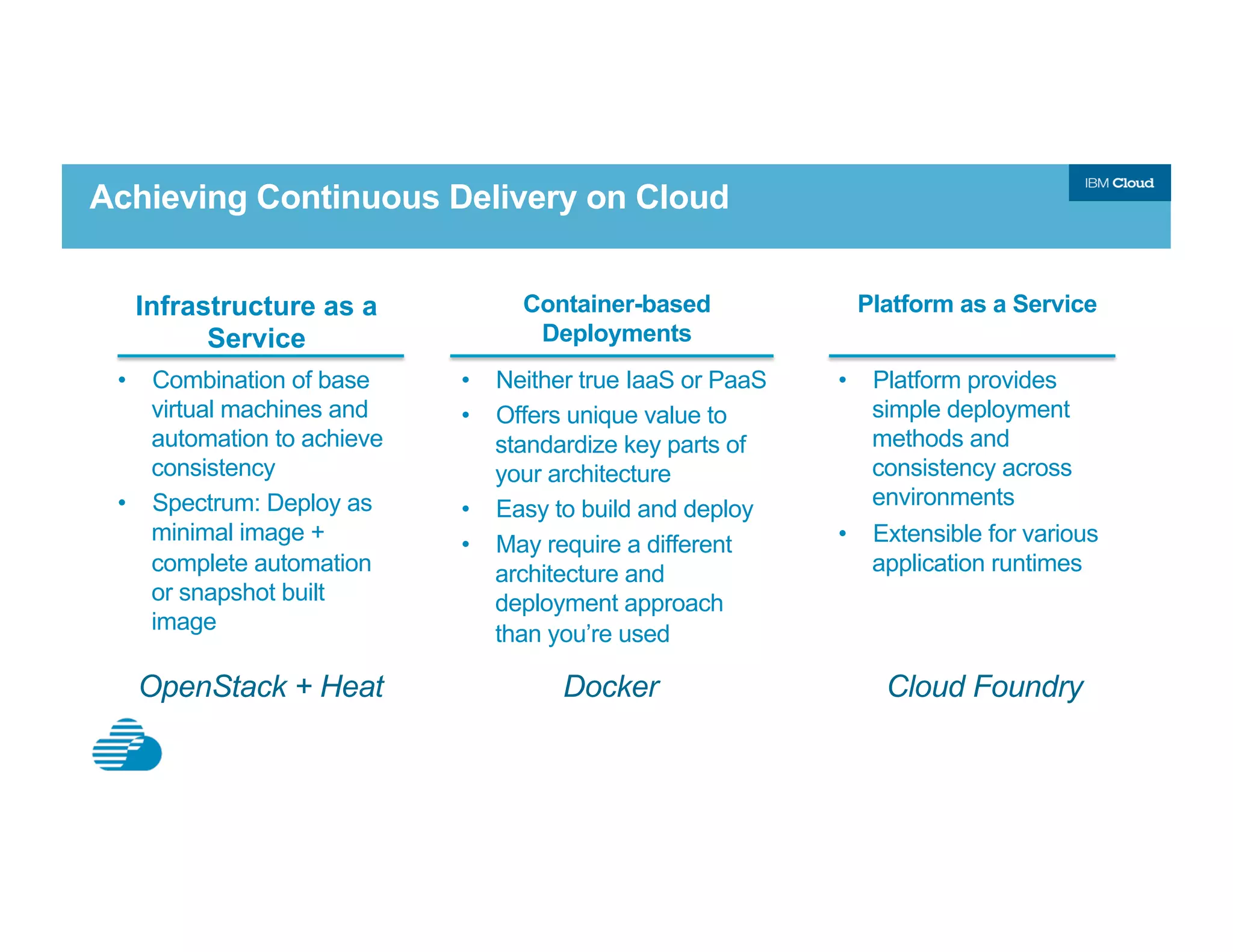 Achieving Continuous Delivery on Cloud
Infrastructure as a
Service
•  Combination of base
virtual machines and
automation to achieve
consistency
•  Spectrum: Deploy as
minimal image +
complete automation
or snapshot built
image
Container-based
Deployments
•  Neither true IaaS or PaaS
•  Offers unique value to
standardize key parts of
your architecture
•  Easy to build and deploy
•  May require a different
architecture and
deployment approach
than you’re used
Platform as a Service
•  Platform provides
simple deployment
methods and
consistency across
environments
•  Extensible for various
application runtimes
OpenStack + Heat Docker Cloud Foundry
 