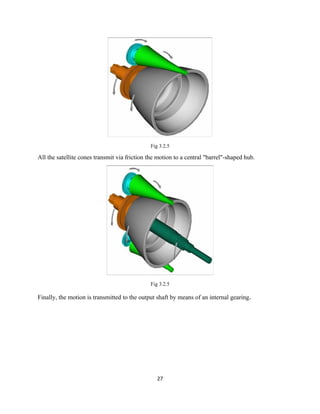 Fig 3.2.5

All the satellite cones transmit via friction the motion to a central "barrel"-shaped hub.




                                              Fig 3.2.5

Finally, the motion is transmitted to the output shaft by means of an internal gearing.




                                                 27
 