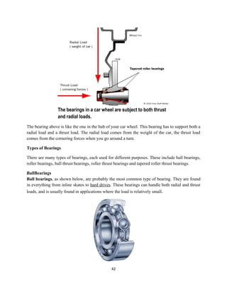 The bearings in a car wheel are subject to both thrust
                  and radial loads.
The bearing above is like the one in the hub of your car wheel. This bearing has to support both a
radial load and a thrust load. The radial load comes from the weight of the car, the thrust load
comes from the cornering forces when you go around a turn.

Types of Bearings

There are many types of bearings, each used for different purposes. These include ball bearings,
roller bearings, ball thrust bearings, roller thrust bearings and tapered roller thrust bearings.

BallBearings
Ball bearings, as shown below, are probably the most common type of bearing. They are found
in everything from inline skates to hard drives. These bearings can handle both radial and thrust
loads, and is usually found in applications where the load is relatively small.




                                                 42
 