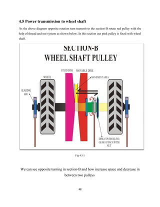 4.5 Power transmission to wheel shaft
As the above diagram opposite rotation turn transmit to the section-B rotate red pulley with the
help of thread and nut system as shown below. In this section our pink pulley is fixed with wheel
shaft.




                                            Fig 4.5.1




 We can see opposite turning in section-B and how increase space and decrease in
                                    between two pulleys


                                               48
 