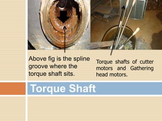 Above fig is the spline
groove where the
torque shaft sits.
Torque Shaft
Torque shafts of cutter
motors and Gathering
head motors.
 