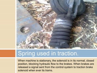 When machine is stationary, the solenoid is in its normal, closed
position, blocking hydraulic flow to the brakes. When brakes are
released a signal sent from the control system to traction brake
solenoid when ever its trams.
Spring used in traction.
 