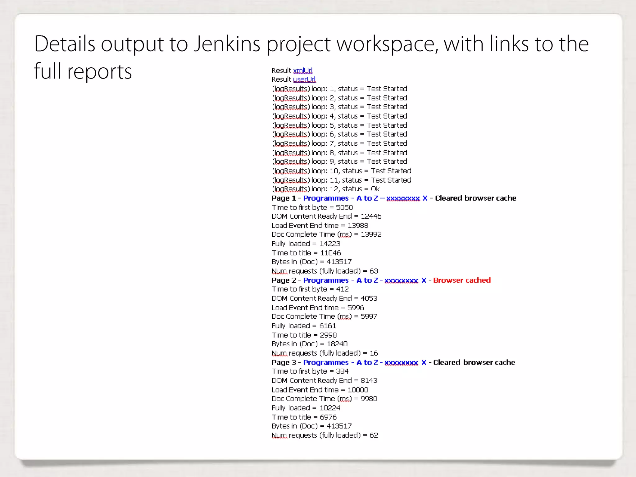 Details output to Jenkins project workspace, with links
to the full reports
 