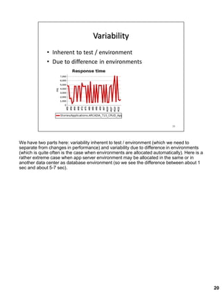 We have two parts here: variability inherent to test / environment (which we need to
separate from changes in performance) and variability due to difference in environments
(which is quite often is the case when environments are allocated automatically). Here is a
rather extreme case when app server environment may be allocated in the same or in
another data center as database environment (so we see the difference between about 1
sec and about 5-7 sec).
20
 