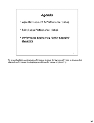 To properly place continuous performance testing, it may be worth time to discuss the
place of performance testing in general in performance engineering.
31
 