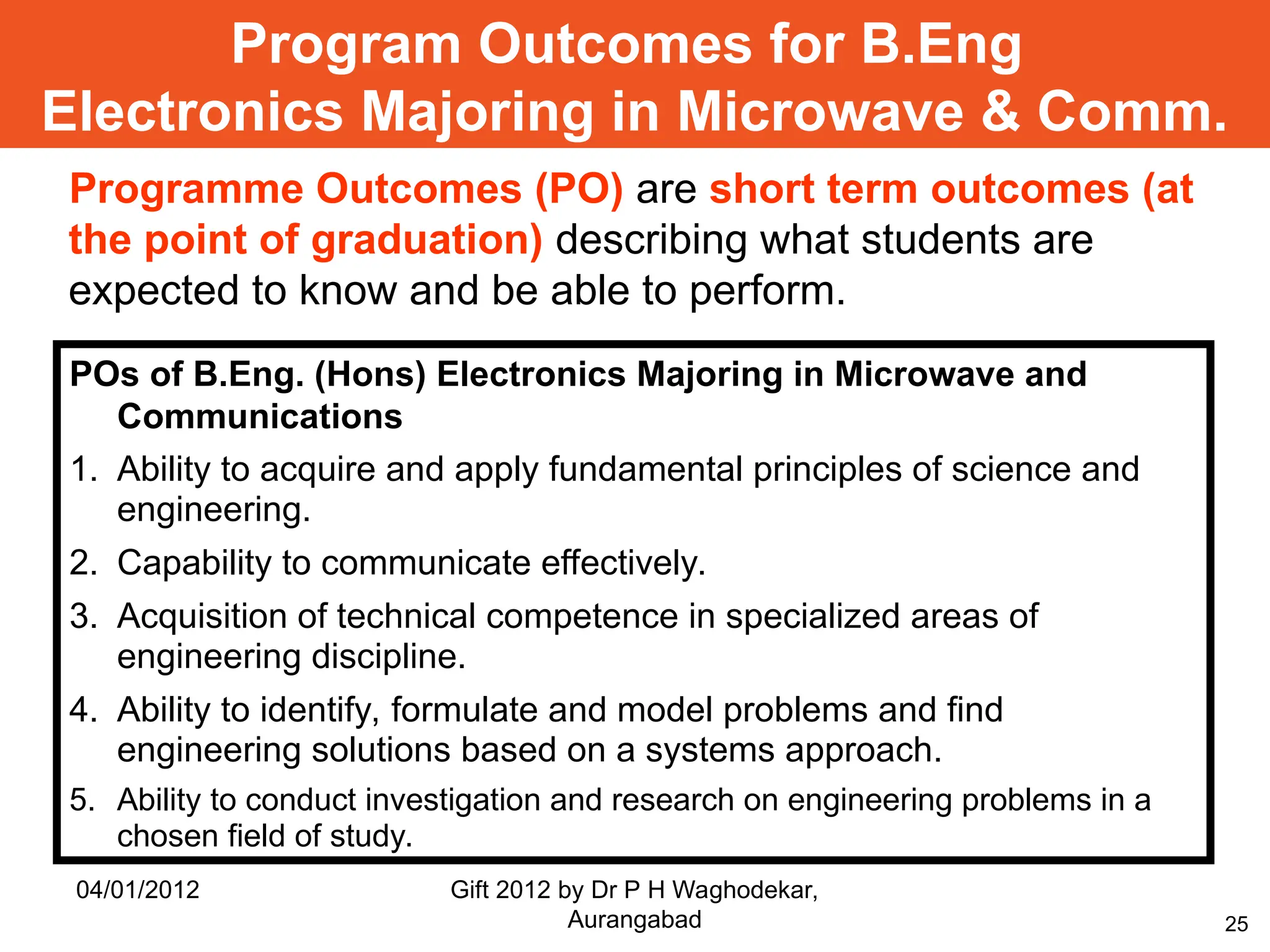 25
Program Outcomes for B.Eng
Electronics Majoring in Microwave & Comm.
POs of B.Eng. (Hons) Electronics Majoring in Microwave and
Communications
1. Ability to acquire and apply fundamental principles of science and
engineering.
2. Capability to communicate effectively.
3. Acquisition of technical competence in specialized areas of
engineering discipline.
4. Ability to identify, formulate and model problems and find
engineering solutions based on a systems approach.
5. Ability to conduct investigation and research on engineering problems in a
chosen field of study.
Programme Outcomes (PO) are short term outcomes (at
the point of graduation) describing what students are
expected to know and be able to perform.
04/01/2012 Gift 2012 by Dr P H Waghodekar,
Aurangabad
 