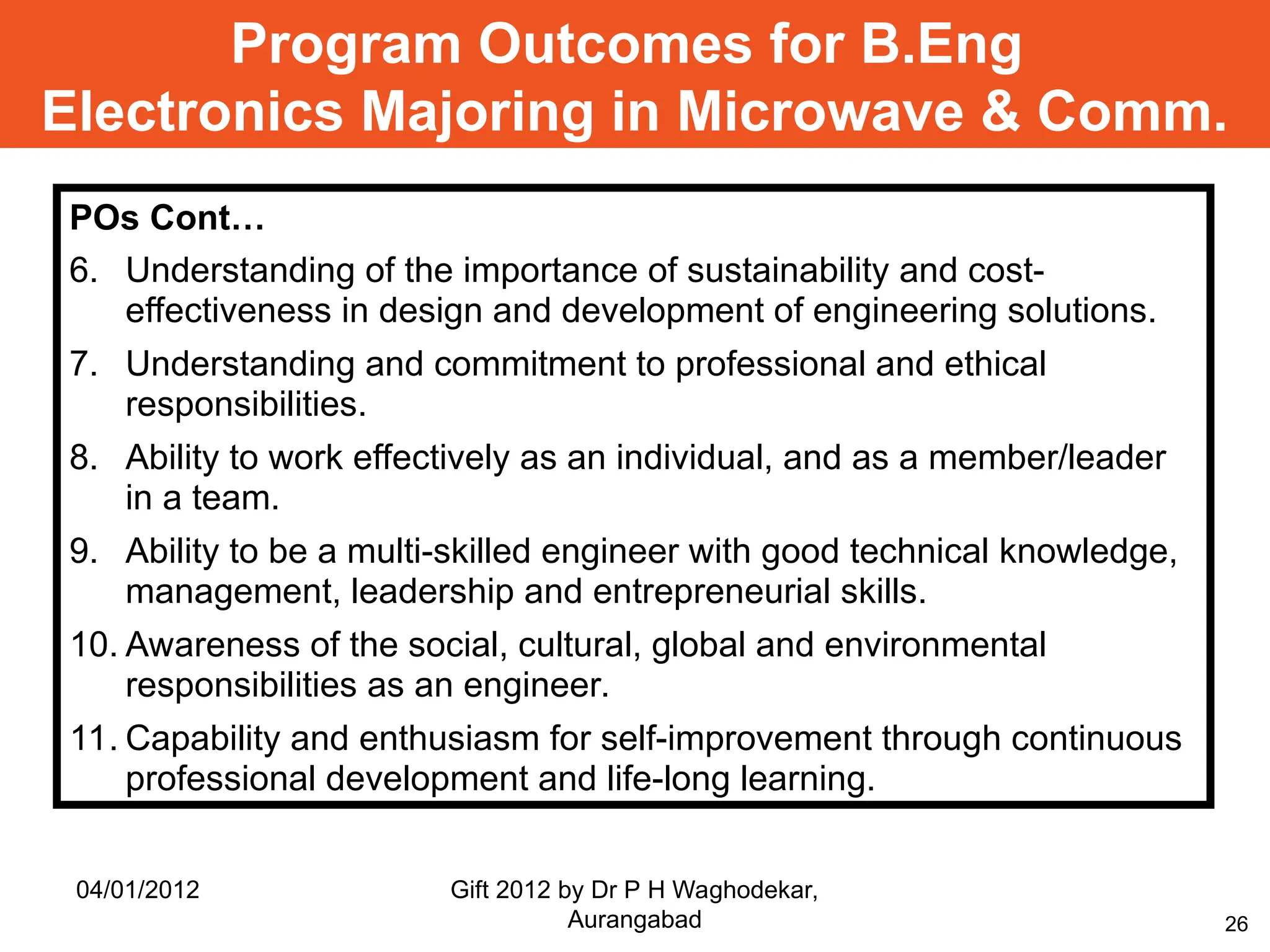26
Program Outcomes for B.Eng
Electronics Majoring in Microwave & Comm.
POs Cont…
6. Understanding of the importance of sustainability and cost-
effectiveness in design and development of engineering solutions.
7. Understanding and commitment to professional and ethical
responsibilities.
8. Ability to work effectively as an individual, and as a member/leader
in a team.
9. Ability to be a multi-skilled engineer with good technical knowledge,
management, leadership and entrepreneurial skills.
10. Awareness of the social, cultural, global and environmental
responsibilities as an engineer.
11. Capability and enthusiasm for self-improvement through continuous
professional development and life-long learning.
04/01/2012 Gift 2012 by Dr P H Waghodekar,
Aurangabad
 
