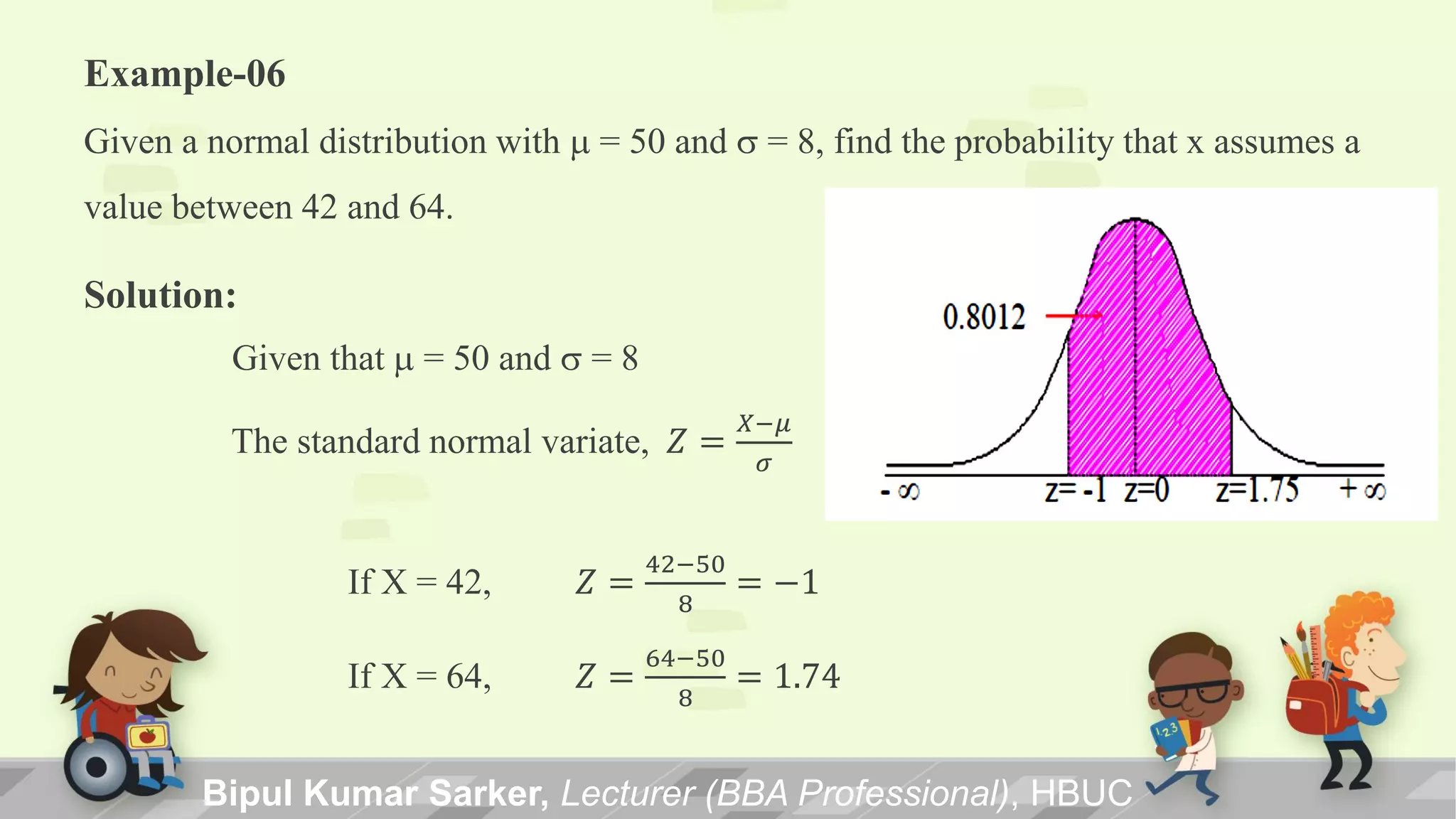 Example-06
Given a normal distribution with m = 50 and s = 8, find the probability that x assumes a
value between 42 and 64.
Solution:
Given that m = 50 and s = 8
The standard normal variate, 𝑍 =
𝑋−𝜇
𝜎
If X = 42, 𝑍 =
42−50
8
= −1
If X = 64, 𝑍 =
64−50
8
= 1.74
Bipul Kumar Sarker, Lecturer (BBA Professional), HBUC
 