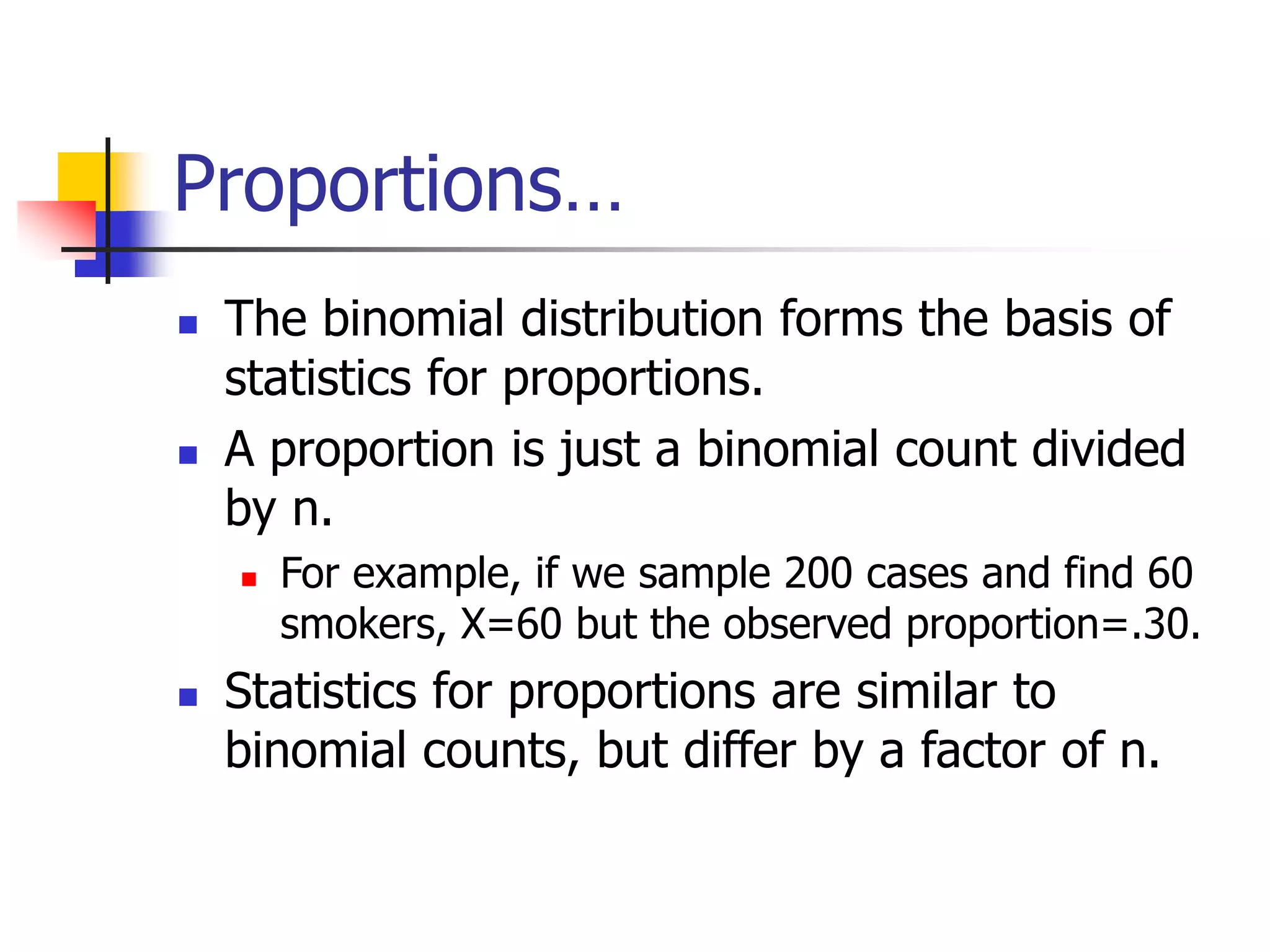 Proportions…
 The binomial distribution forms the basis of
statistics for proportions.
 A proportion is just a binomial count divided
by n.
 For example, if we sample 200 cases and find 60
smokers, X=60 but the observed proportion=.30.
 Statistics for proportions are similar to
binomial counts, but differ by a factor of n.
 