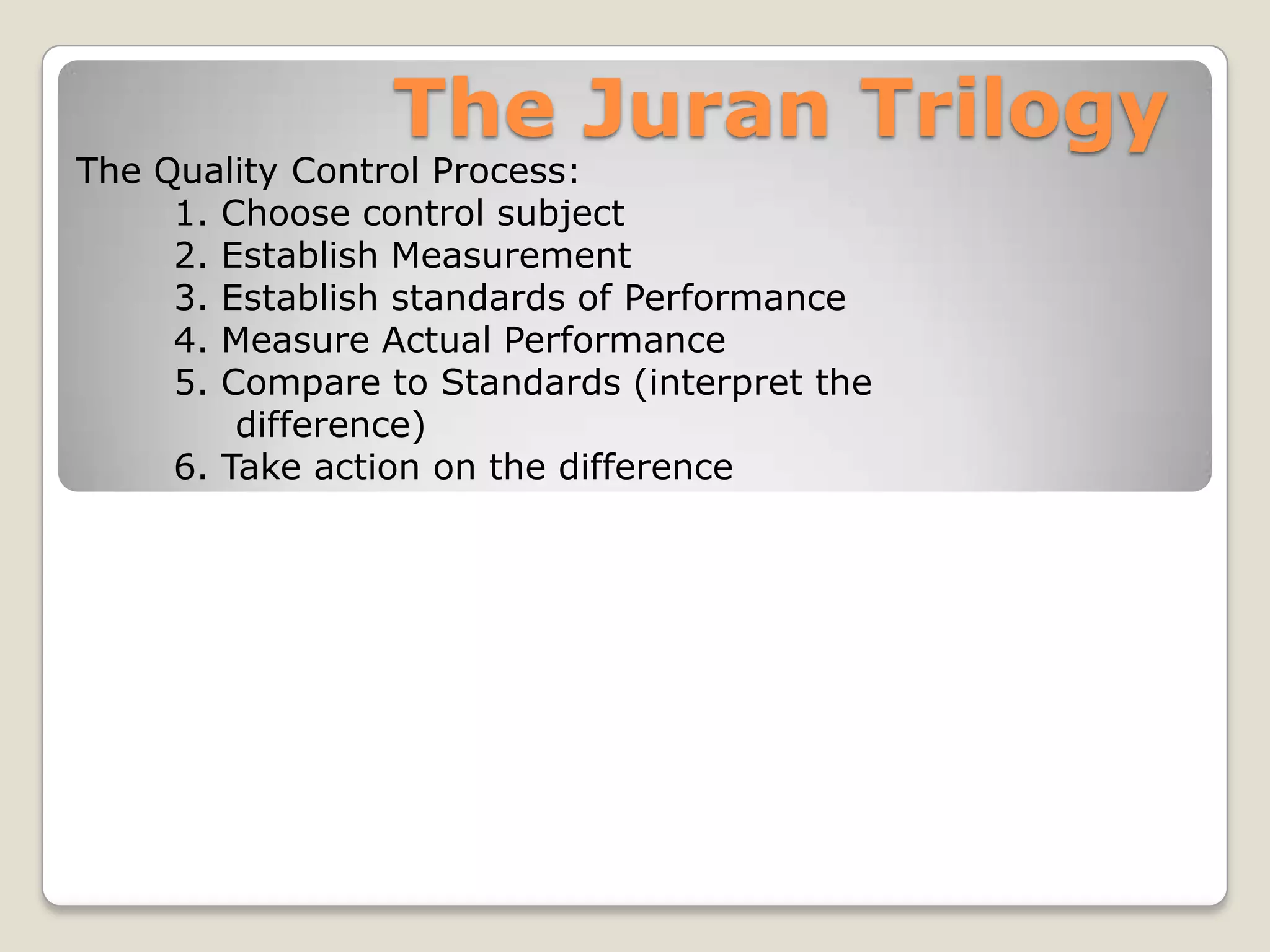 The Juran Trilogy
The Quality Control Process:
     1. Choose control subject
     2. Establish Measurement
     3. Establish standards of Performance
     4. Measure Actual Performance
     5. Compare to Standards (interpret the
         difference)
     6. Take action on the difference
 