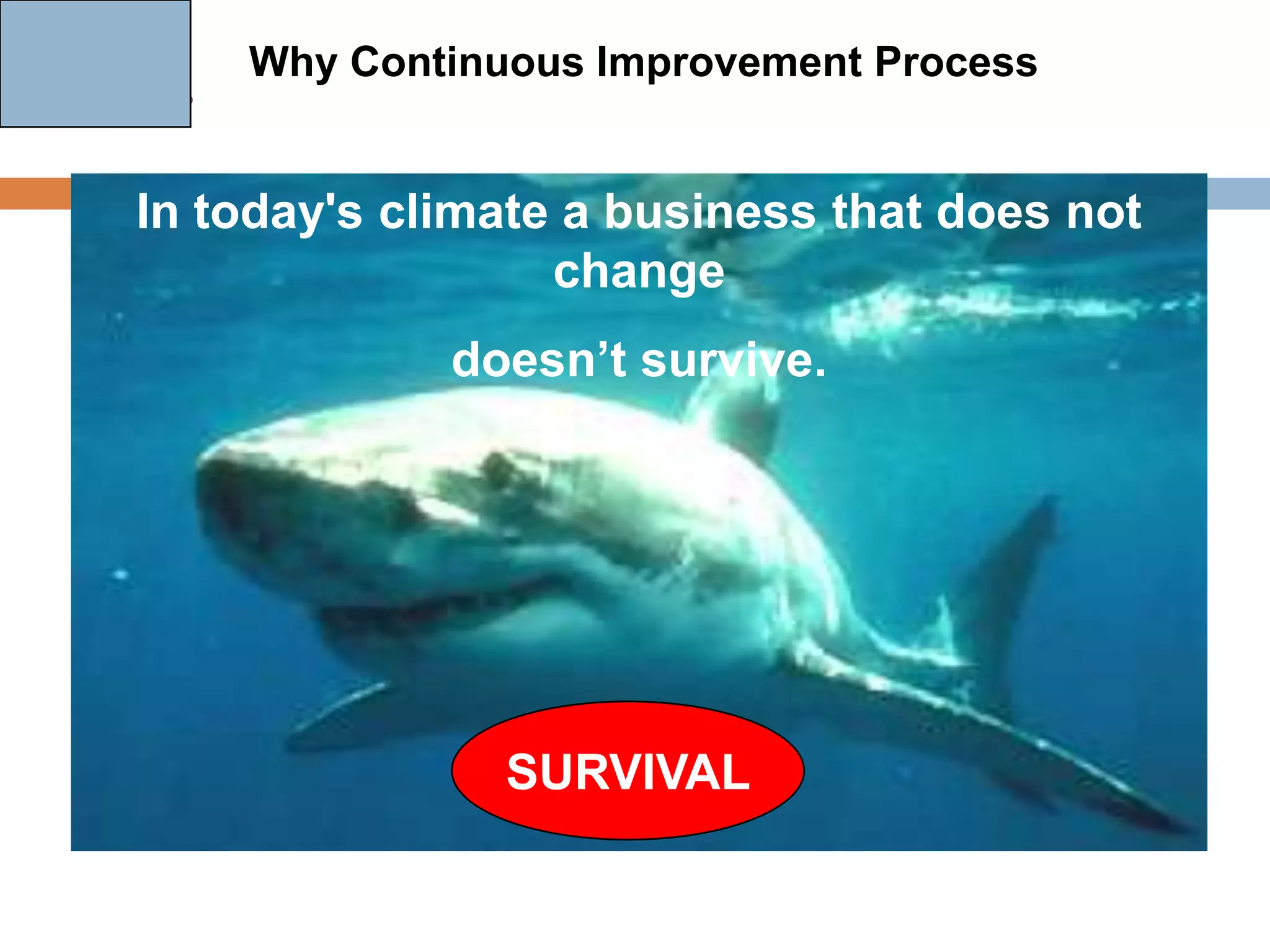 Con    Why Continuous Improvement Process
Why?


 In today's climate a business that does not
                   change
               doesn’t survive.




                  SURVIVAL
 