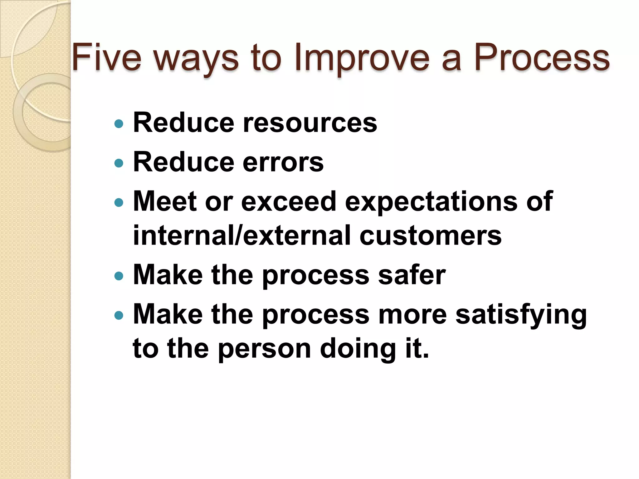 Five ways to Improve a Process
   Reduce resources
   Reduce errors
   Meet or exceed expectations of
    internal/external customers
   Make the process safer
   Make the process more satisfying
    to the person doing it.
 