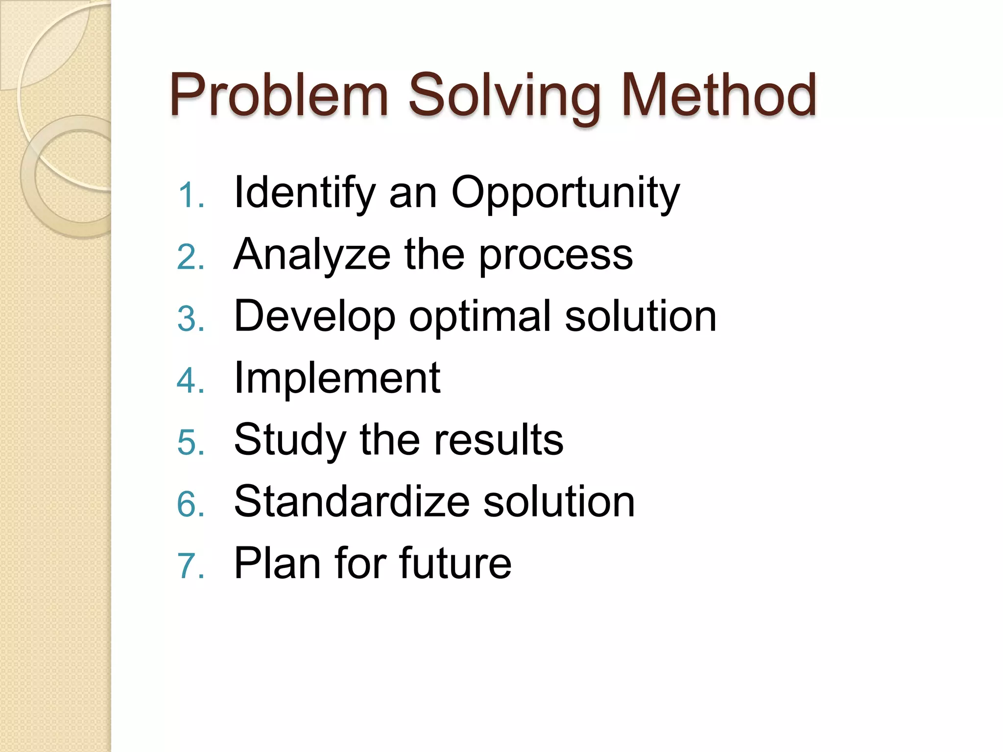 Problem Solving Method
1.   Identify an Opportunity
2.   Analyze the process
3.   Develop optimal solution
4.   Implement
5.   Study the results
6.   Standardize solution
7.   Plan for future
 