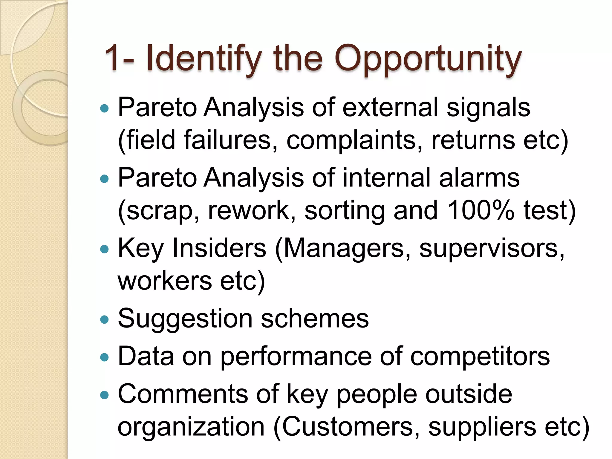 1- Identify the Opportunity
 Pareto Analysis of external signals
  (field failures, complaints, returns etc)
 Pareto Analysis of internal alarms
  (scrap, rework, sorting and 100% test)
 Key Insiders (Managers, supervisors,
  workers etc)
 Suggestion schemes
 Data on performance of competitors
 Comments of key people outside
  organization (Customers, suppliers etc)
 