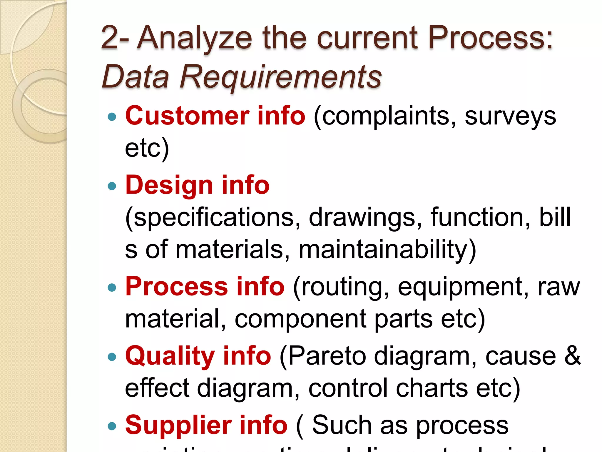 2- Analyze the current Process:
Data Requirements
 Customer info (complaints, surveys
  etc)
 Design info
  (specifications, drawings, function, bill
  s of materials, maintainability)
 Process info (routing, equipment, raw
  material, component parts etc)
 Quality info (Pareto diagram, cause &
  effect diagram, control charts etc)
 Supplier info ( Such as process
 