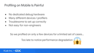 Profiling on Mobile Is Painful
● No dedicated debug hardware
● Many different devices / profilers
● Troublesome to set up correctly
● Not easy for non-engineers
So we profiled on only a few devices for a limited set of cases...
Too late to notice performance degradation　
KLab Inc.
 