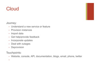 Cloud
Journey:
 Understand a new service or feature
 Provision instances
 Import data
 Get help/provide feedback
 Incorporate updates
 Deal with outages
 Deprovision
Touchpoints:
 Website, console, API, documentation, blogs, email, phone, twitter
  
 