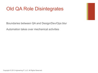 Old QA Role Disintegrates
Boundaries between QA and Design/Dev/Ops blur
Automation takes over mechanical activities
Copyright © 2013 Ingineering.IT, LLC. All Rights Reserved.
 