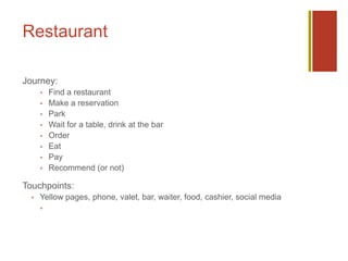 Restaurant
Journey:
 Find a restaurant
 Make a reservation
 Park
 Wait for a table, drink at the bar
 Order
 Eat
 Pay
 Recommend (or not)
Touchpoints:
 Yellow pages, phone, valet, bar, waiter, food, cashier, social media
  
 