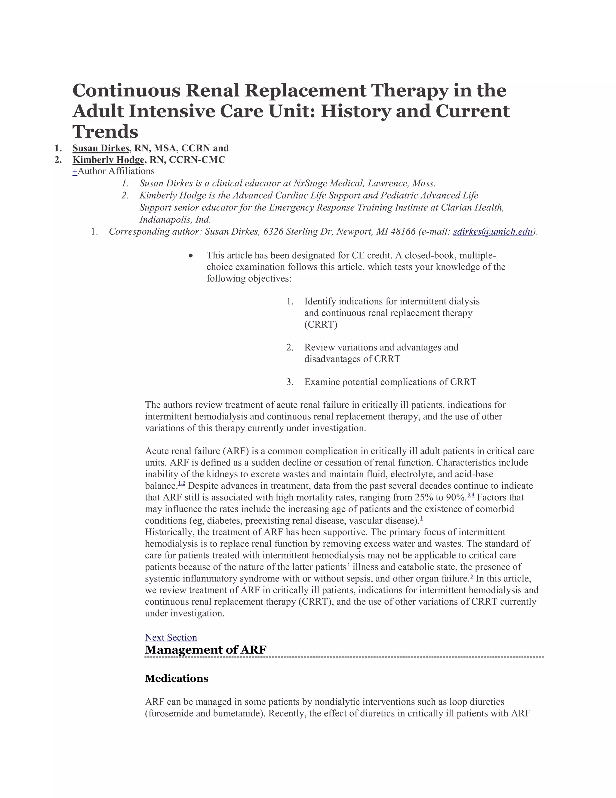 Continuous renal replacement therapy in the adult intensive care unit ...