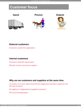 This material is for training use only 
Customer focus 
Inputs Process Outputs 
External customers 
Customers outside the organization 
Internal customers 
Customers inside the organization 
Directly receives your process outputs 
Why are we customers and suppliers at the same time. 
As workers we receive inputs from internal suppliersna d produce outputs for our 
internal customers. 
No employee is independent of suppliers/customers 
We are all interdependent. 
OR-OSHA 110 Continuous Safety Improvement 4 
 